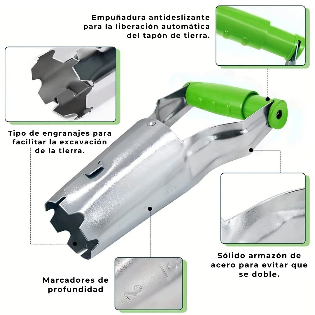 Herramienta trasplante de bulbos en acero inoxidable con mango antideslizante verde y sistema de engranajes para excavación profunda.