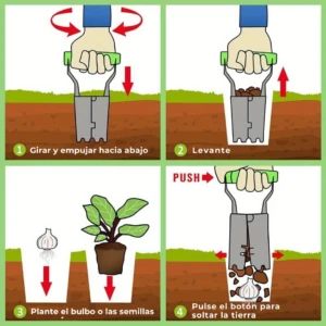 Diagrama de cuatro pasos en español que muestra el uso de una herramienta de trasplante de bulbos con mango verde y cuerpo metálico, ilustrando cómo insertar, levantar, plantar y soltar tierra para colocar bulbos o semillas sin dañar raíces.
