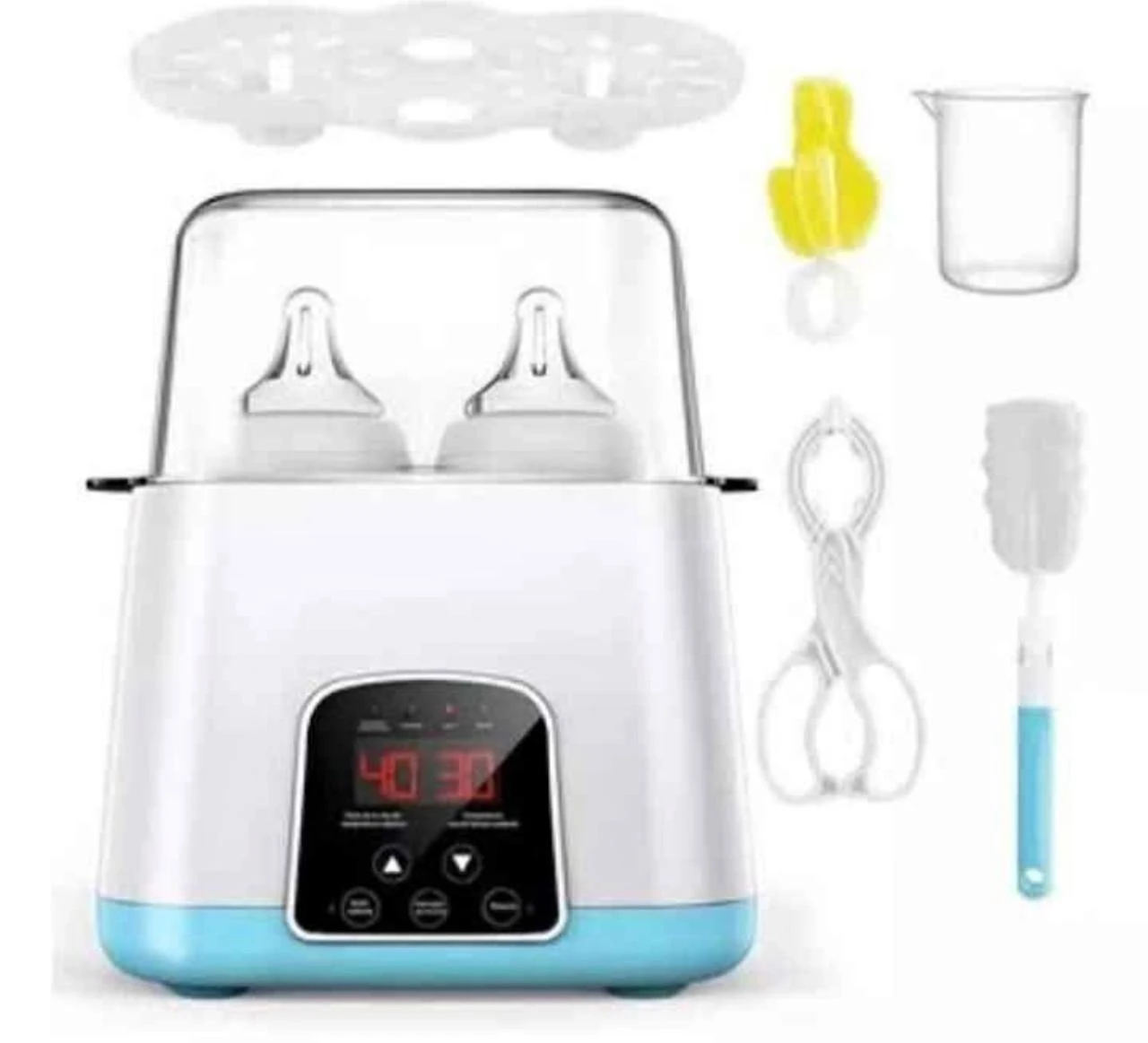 Calentador de teteros digital blanco y azul con pantalla LED, incluye dos biberones, esterilizador, cepillo, pinzas y medidor.