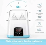 Calentador de teteros digital blanco con base azul, pantalla LED roja mostrando 40°C y 30 minutos, dos biberones dentro de la tapa transparente.