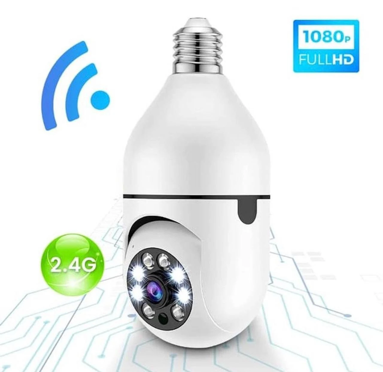 Cámara bombillo blanca con lente central, luces LED infrarrojas y base rosca E27. Incluye iconos de WiFi 2.4G y resolución 1080p Full HD.