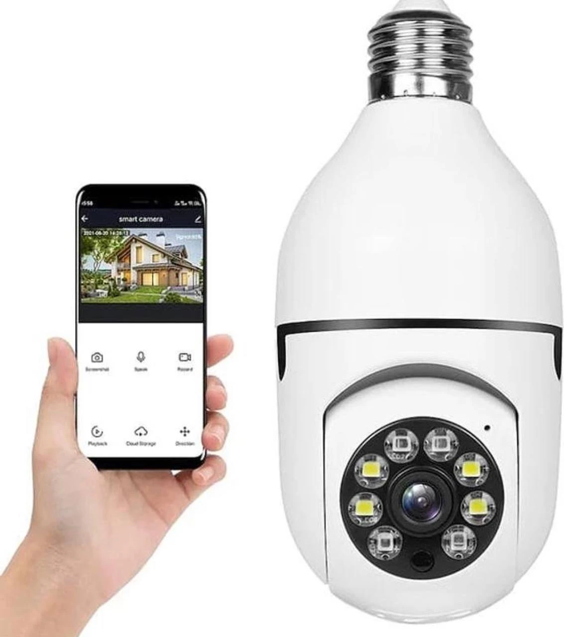 Cámara bombillo blanca con LED infrarrojos y pantalla de control en smartphone, mostrando interfaz de monitoreo remoto.