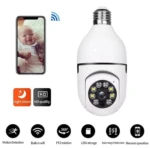 Cámara bombillo blanca con lente frontal, luces LED para visión nocturna y pantalla de smartphone mostrando bebé.