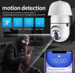 Cámara bombillo blanca con visión nocturna y detección de movimiento, mostrando alerta en pantalla móvil y figura de intruso iluminada por luz roja.