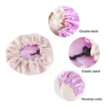 Gorro de satín antifrizz en tono lavanda, con banda elástica y doble capa para proteger el cabello sensible durante el sueño.