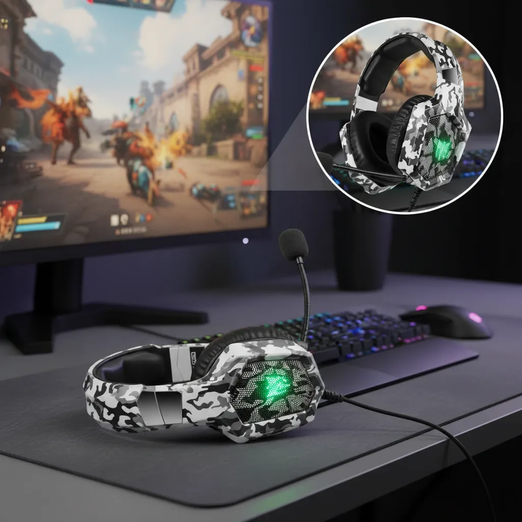 Diadema gamer Onikuma K8 en camuflaje blanco con luces LED verdes, micrófono ajustable y auriculares sobre teclado RGB y monitor de videojuegos.