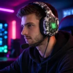 Hombre joven usando diadema gamer Onikuma K8 en camuflaje blanco con logo verde brillante, micrófono ajustable y auriculares envolventes, en entorno con luces de neón rosa y azul.