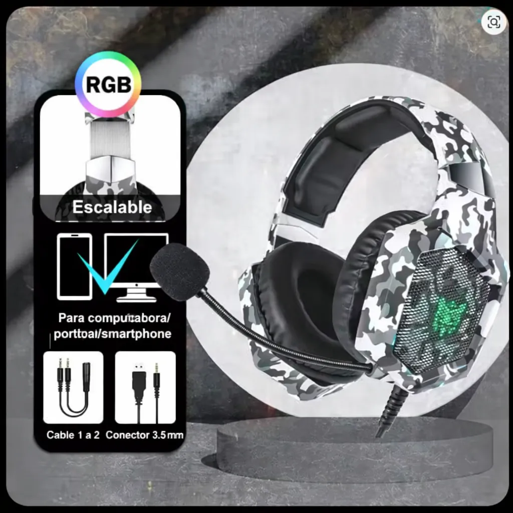 Diadema gamer Onikuma K8 en camuflaje blanco con micrófono, auriculares acolchados y luces RGB. Compatible con PC, consola y móvil. Incluye cable 3.5mm y adaptador.