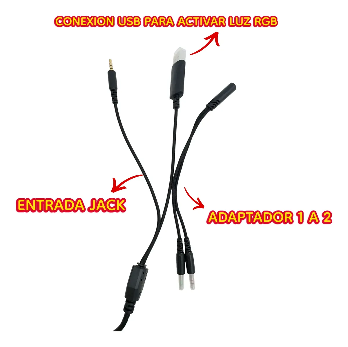 Cable adaptador USB a jack 3.5mm con splitter 1 a 2, negro, para activar luz RGB en diadema gamer Onikuma K8.