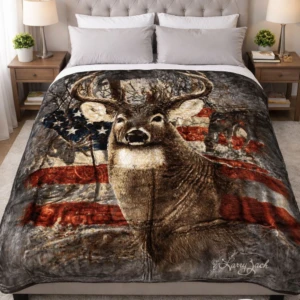 Manta térmica con diseño de ciervo sobre bandera estadounidense, en cama con cabecero tapizado y mesitas de noche.