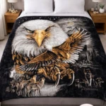 Manta térmica con diseño de águila y lobos sobre fondo oscuro, ideal para decoración de cama.