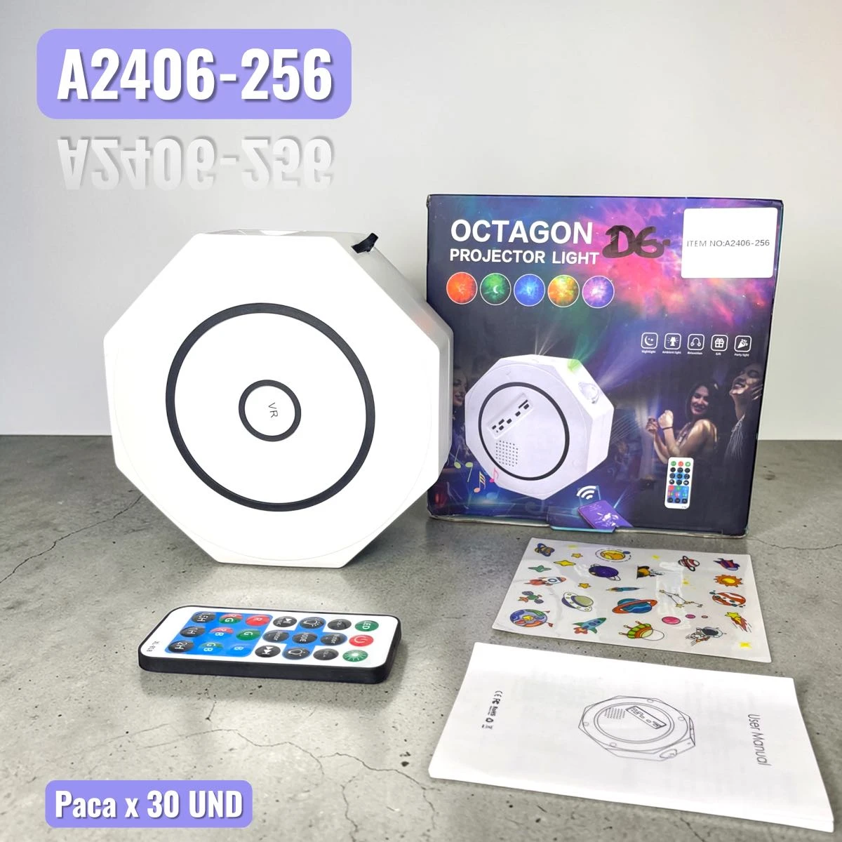 Proyector LED octagonal blanco con control remoto, estuche de accesorios y manual. Modelo A2406-256.