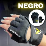 Guantes de gimnasio sin dedos en color negro, con malla transpirable y logo amarillo. Incluye variante de mano derecha y detalles de la marca Force.