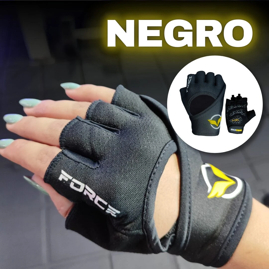 Guantes de gimnasio sin dedos en color negro, con malla transpirable y logo amarillo. Incluye variante de mano derecha y detalles de la marca Force.