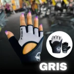 Guante de gimnasio gris sin dedos, con malla transpirable y logo visible en la palma. Incluye variante negra en círculo blanco.