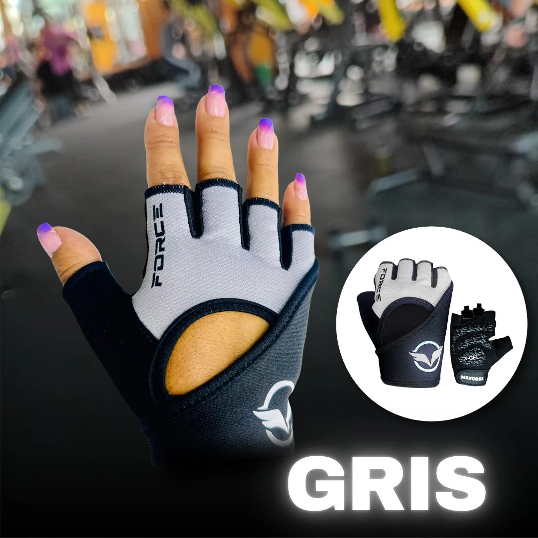 Guante de gimnasio gris sin dedos, con malla transpirable y logo visible en la palma. Incluye variante negra en círculo blanco.