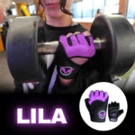 Guantes sin dedos color lila con malla transpirable, usados durante entrenamiento con mancuerna. Incluye variante cerrada en inserto circular.
