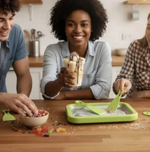 Tabla bandeja verde para hacer helados caseros sin congelador, con tres personas preparando postres en cocina.