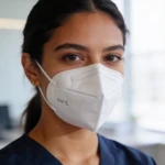 Mascarilla KN95 blanca con ajuste ergonómico, usada por mujer en uniforme azul marino, en interior luminoso.