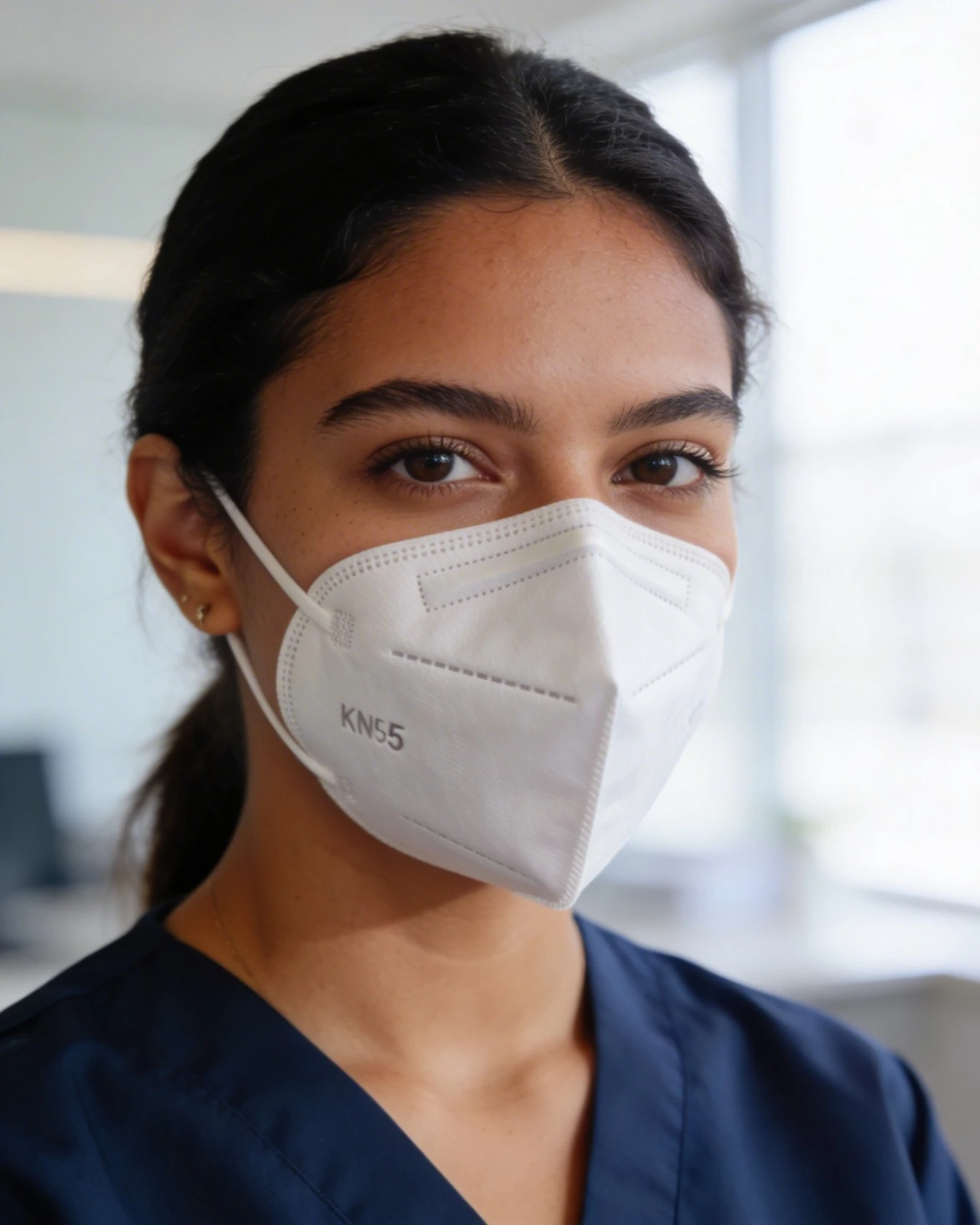Mascarilla KN95 blanca con ajuste ergonómico, usada por mujer en uniforme azul marino, en interior luminoso.