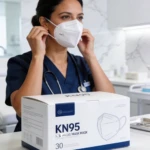 Mujer ajustando mascarilla KN95 blanca con cordones, sobre caja de 30 unidades en entorno clínico.