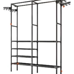 Armario metálico de dos secciones con estantes y percheros, color negro, ideal para organizar dormitorios o entradas.