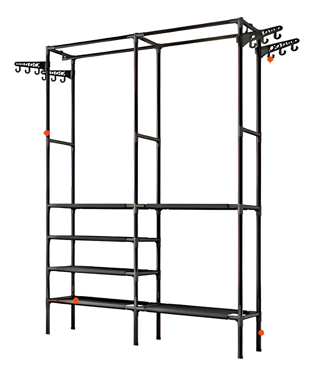 Armario metálico de dos secciones con estantes y percheros, color negro, ideal para organizar dormitorios o entradas.