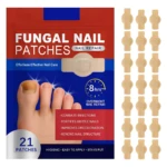 Paquete de parches antihongos para uñas con nanotecnología, mostrando 21 unidades en disposición vertical, diseño beige, aplicables sobre uña dañada, con texto destacado de reparación nocturna de 8 horas.