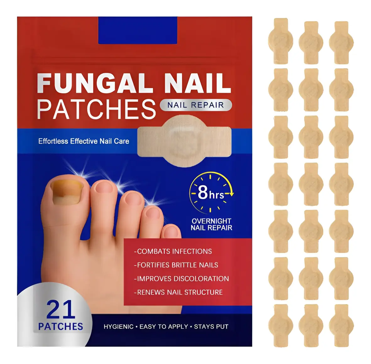 Paquete de parches antihongos para uñas con nanotecnología, mostrando 21 unidades en disposición vertical, diseño beige, aplicables sobre uña dañada, con texto destacado de reparación nocturna de 8 horas.