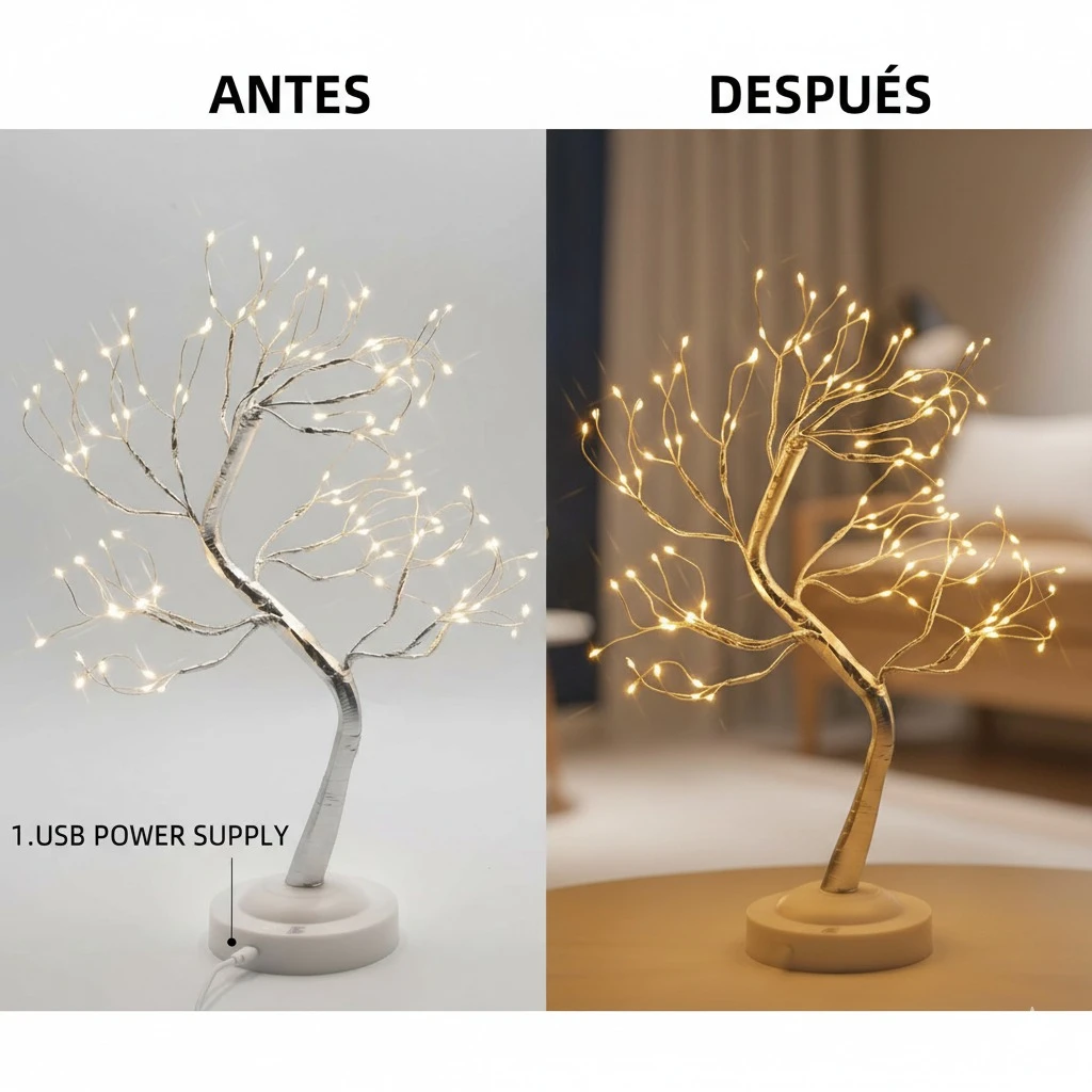 Lámpara Árbol LED con ramas flexibles y alimentación dual - Ilumina tu espacio con luz cálida y versatilidad