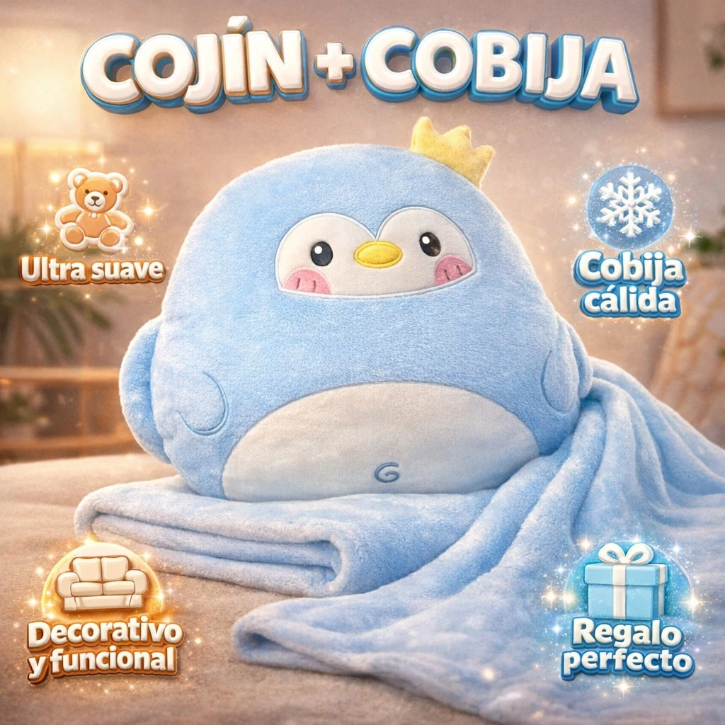 Cojín manta azul con diseño de pingüino, ultra suave y cálido, ideal para decorar y descansar.