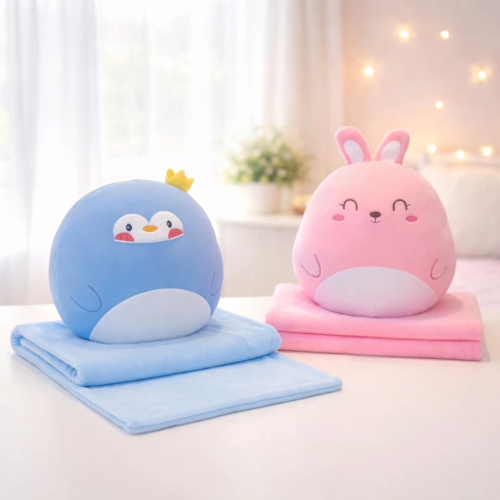 Cojín manta 2 en 1 con diseño de pinguino azul y conejo rosa, sobre mantas del mismo color.