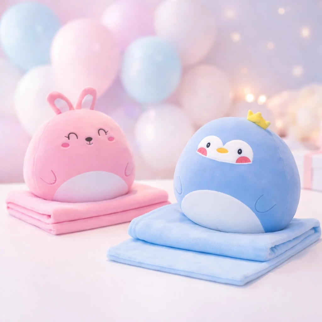 Cojín manta 2 en 1 con diseño de conejo rosa y pingüino azul, sobre mantas del mismo color, fondo con globos pastel.