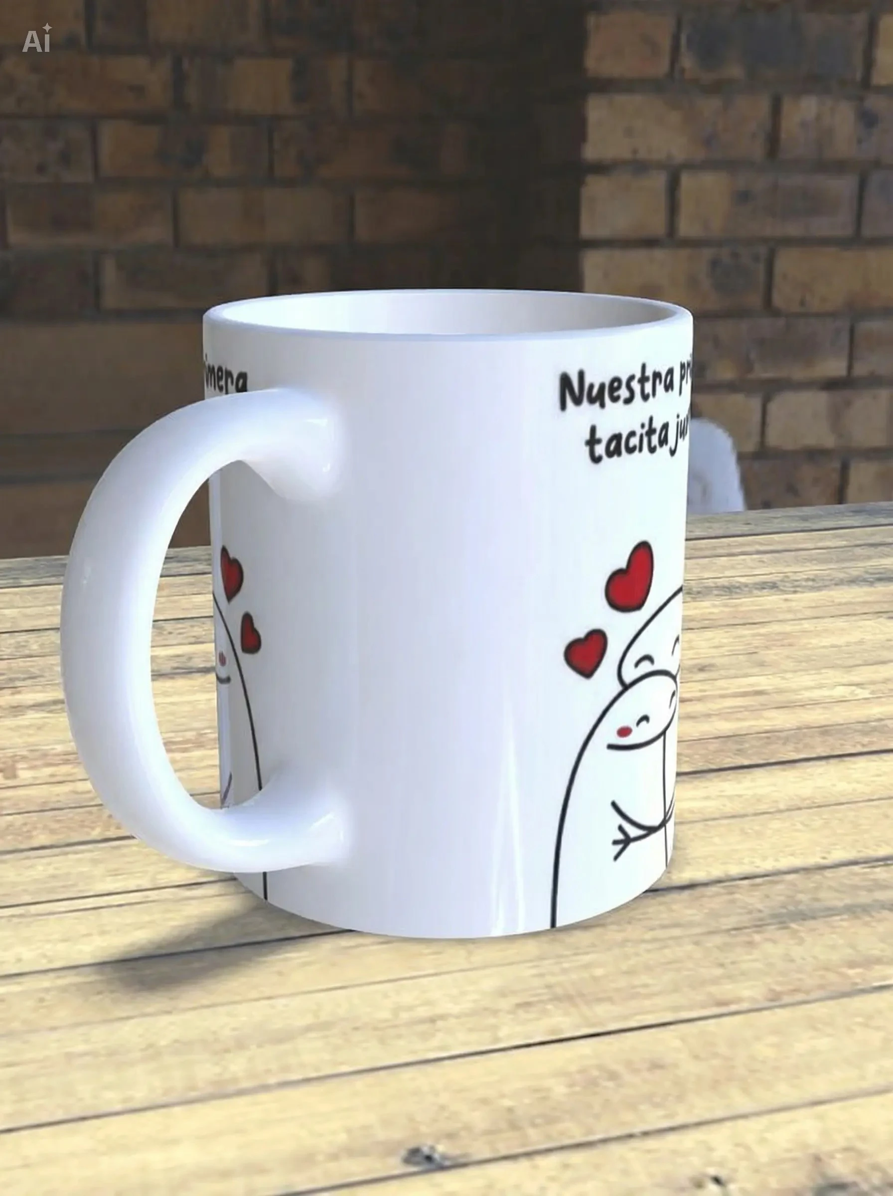 Taza de cerámica blanca con diseño de pareja, incluye dos corazones rojos y texto en español sobre celebración de primer día de vida en común.