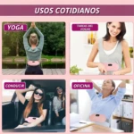 Cinturón térmico con masaje vibratorio color rosado para aliviar cólicos, mostrado en uso cotidiano durante yoga, tareas del hogar, conducción y oficina.