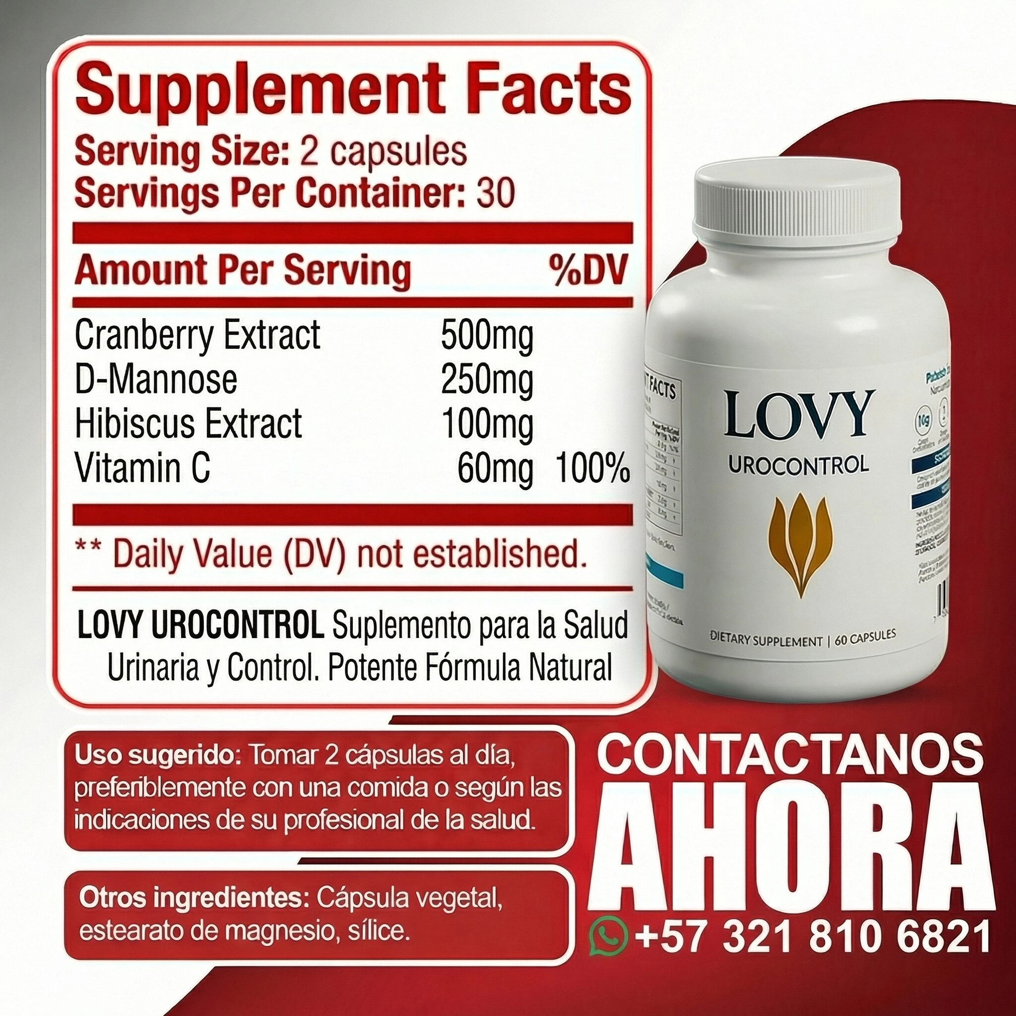 Bote blanco de Lovy Urocontrol, suplemento natural para salud urinaria. Etiqueta con tabla nutricional y texto en español. Fondo rojo oscuro.