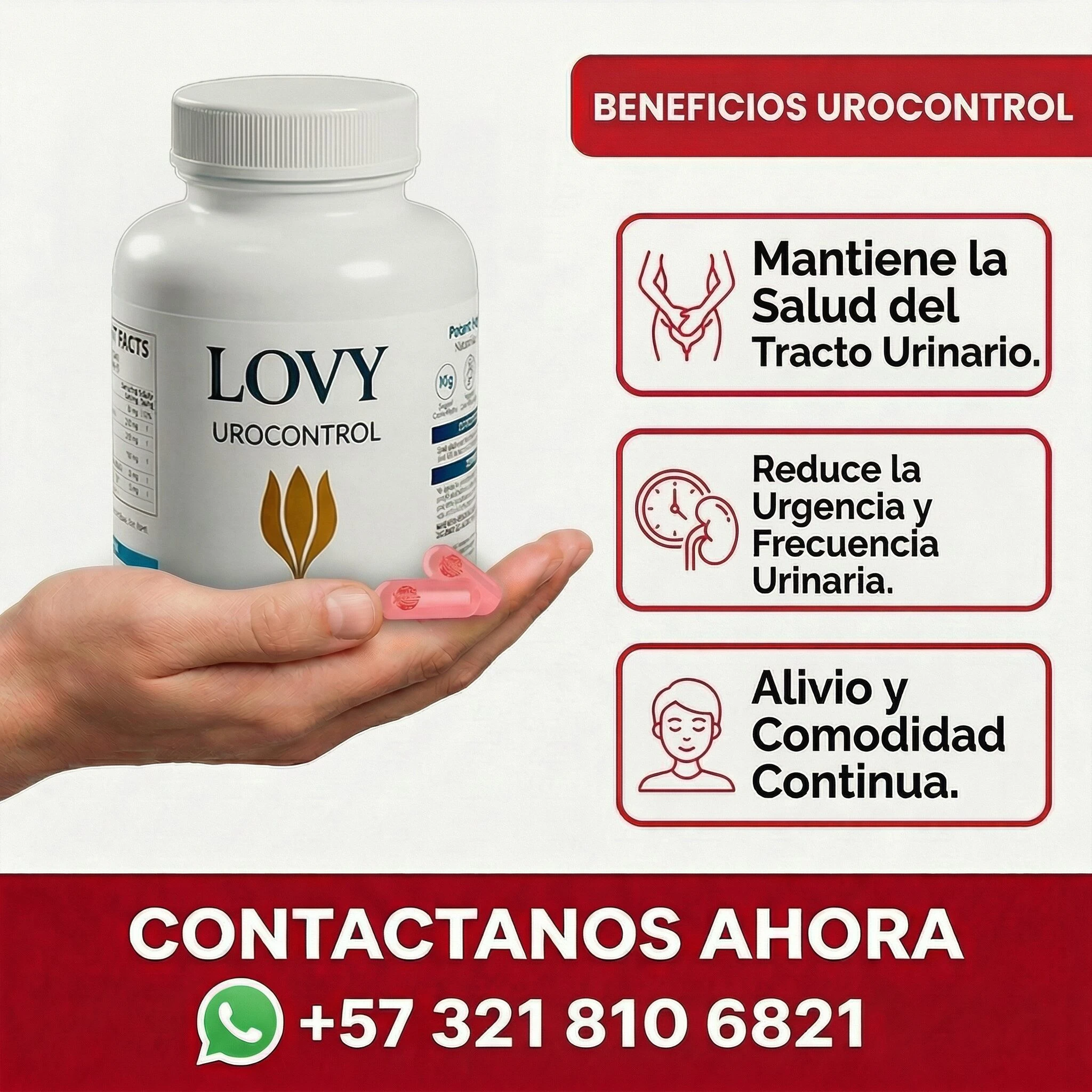 Bote blanco de Lovy Urocontrol con etiqueta que muestra nombre, logo dorado y texto en español. En mano sosteniendo dos pastillas rosadas. Fondo claro con íconos de beneficios urinarios y número de contacto visible abajo.