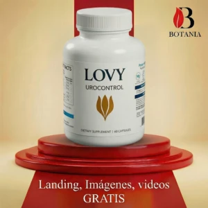 Botella blanca de Lovy Urocontrol, suplemento natural para salud urinaria, con 60 cápsulas, sobre pedestal rojo sobre fondo beige.