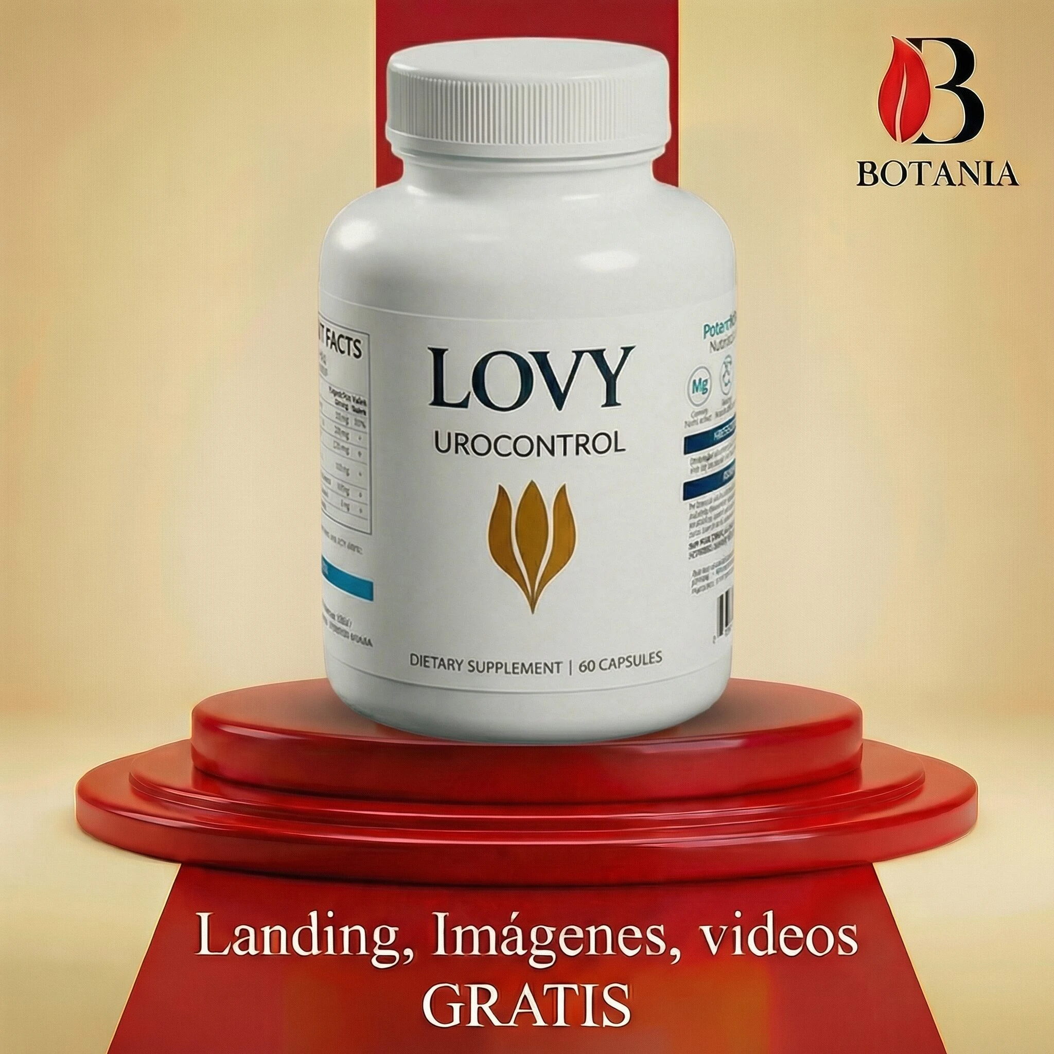 Botella blanca de Lovy Urocontrol, suplemento natural para salud urinaria, con 60 cápsulas, sobre pedestal rojo sobre fondo beige.