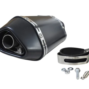 Exhausto deportivo Akrapovic C3 en color negro con banda metálica, incluye soporte de montaje y accesorios de instalación.