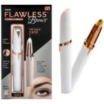 Pack de dos depiladoras recargables para cejas Flawless, con acabado dorado y blanco, mostrando el dispositivo cerrado y abierto junto a su empaque.
