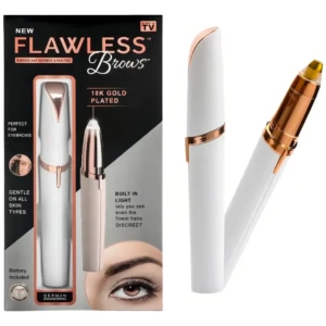 Pack de dos depiladoras recargables para cejas Flawless, con acabado dorado y blanco, mostrando el dispositivo cerrado y abierto junto a su empaque.