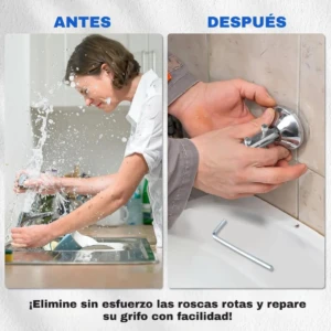 Comparación antes y después: mujer con agua saliendo del grifo versus manos ajustando grifo cromado con herramienta hexagonal, sobre lavabo blanco.