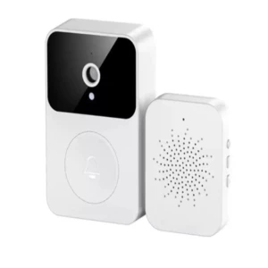 Timbre de video WiFi X9 en color blanco, mostrando la unidad principal con pantalla negra y botón de campana, junto al receptor con altavoz perforado.