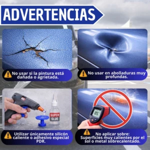 Instrucciones de uso del kit extractor de abolladuras: no usar en pintura dañada o abolladuras profundas; aplicar solo con silicona caliente o adhesivo PDR; evitar superficies muy calientes.
