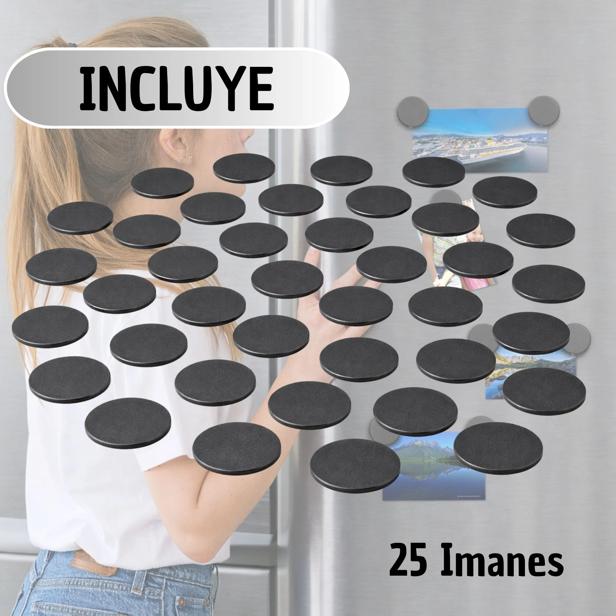 Set de 25 imanes redondos negros de 4 cm, usados para fijar notas y documentos en superficies metálicas como refrigeradores.