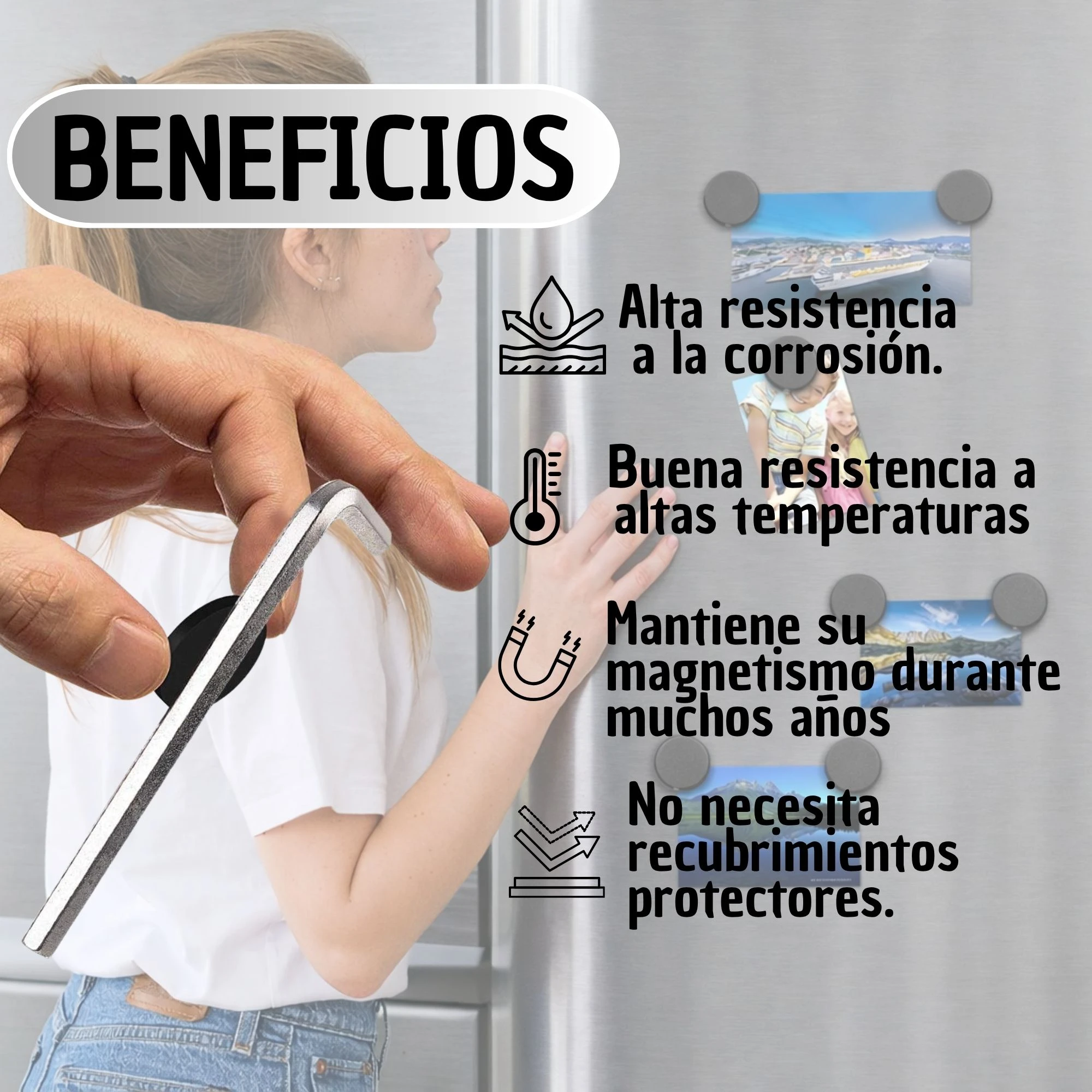 Magnetos redondos de 4 cm en superficie metálica, mostrando resistencia a la corrosión, altas temperaturas y magnetismo duradero.
