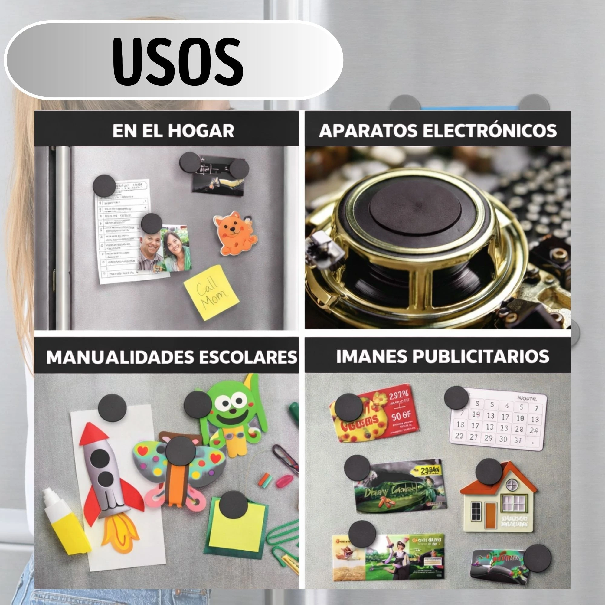 Imanes redondos negros de 4 cm, usados en hogar, electrónica, manualidades escolares y publicidad, sobre superficies metálicas.