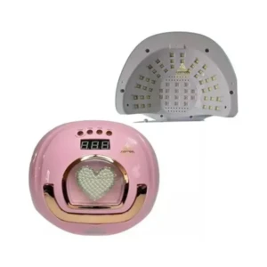 Lámpara LED rosa con forma de corazón en la base, vista frontal y lateral, incluye panel interior con LEDs y pantalla digital.