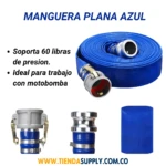 Manguera plana azul de 1 12 pulgadas con conectores metálicos, ideal para motobombas. Incluye manguera enrollada y accesorios.